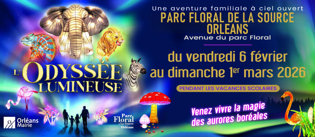 Affiche colorée de l’événement “L’Odyssée Lumineuse” au Parc Floral de la Source à Orléans